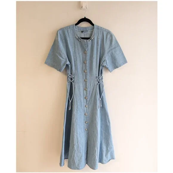 Vintage Midi Denim Dress with full button front with bead detail at neckline - Picture 1 of 10